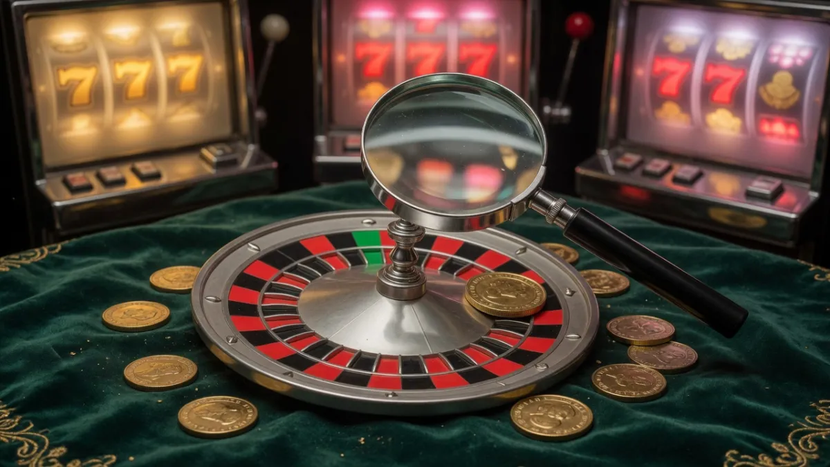 Magnifying glass over a casino table and chips – checking the terms