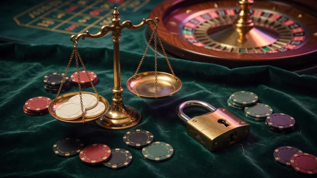 Golden scales of justice, an open padlock and casino chips on a gaming table