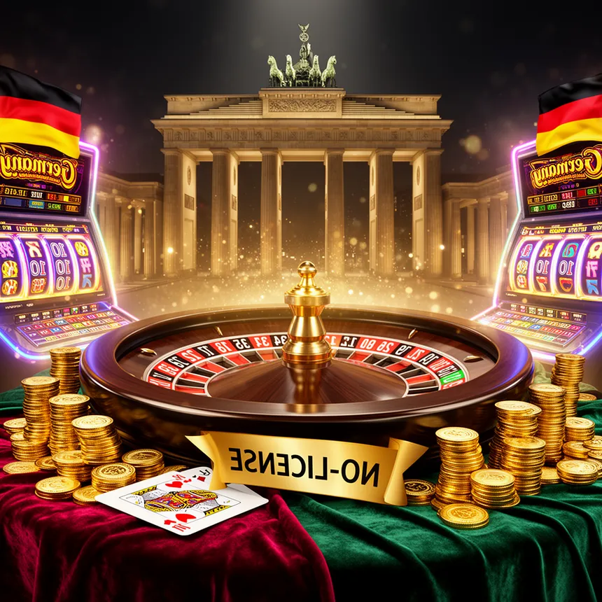 Wide shot of a modern casino hall with warm gold lighting